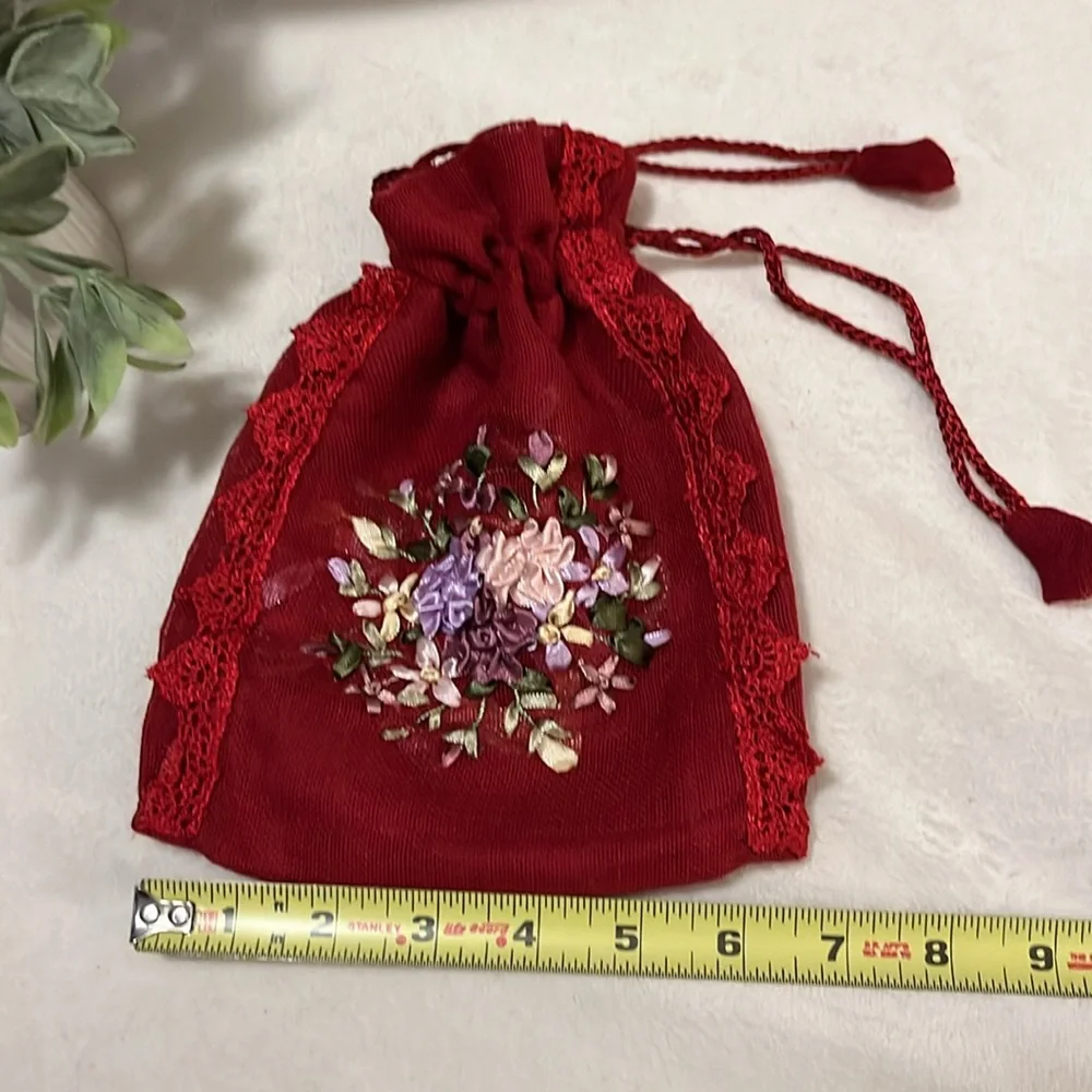 Sheer Red Satin Lined Ribbon Flowers Lace Wristlet Pouch